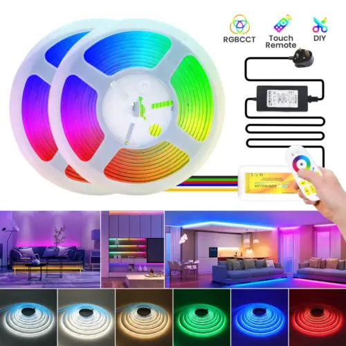 12V RGB COB LED Strip Lights Flexible Tap 5m, 576 Led/m, complete set with controller and adapter